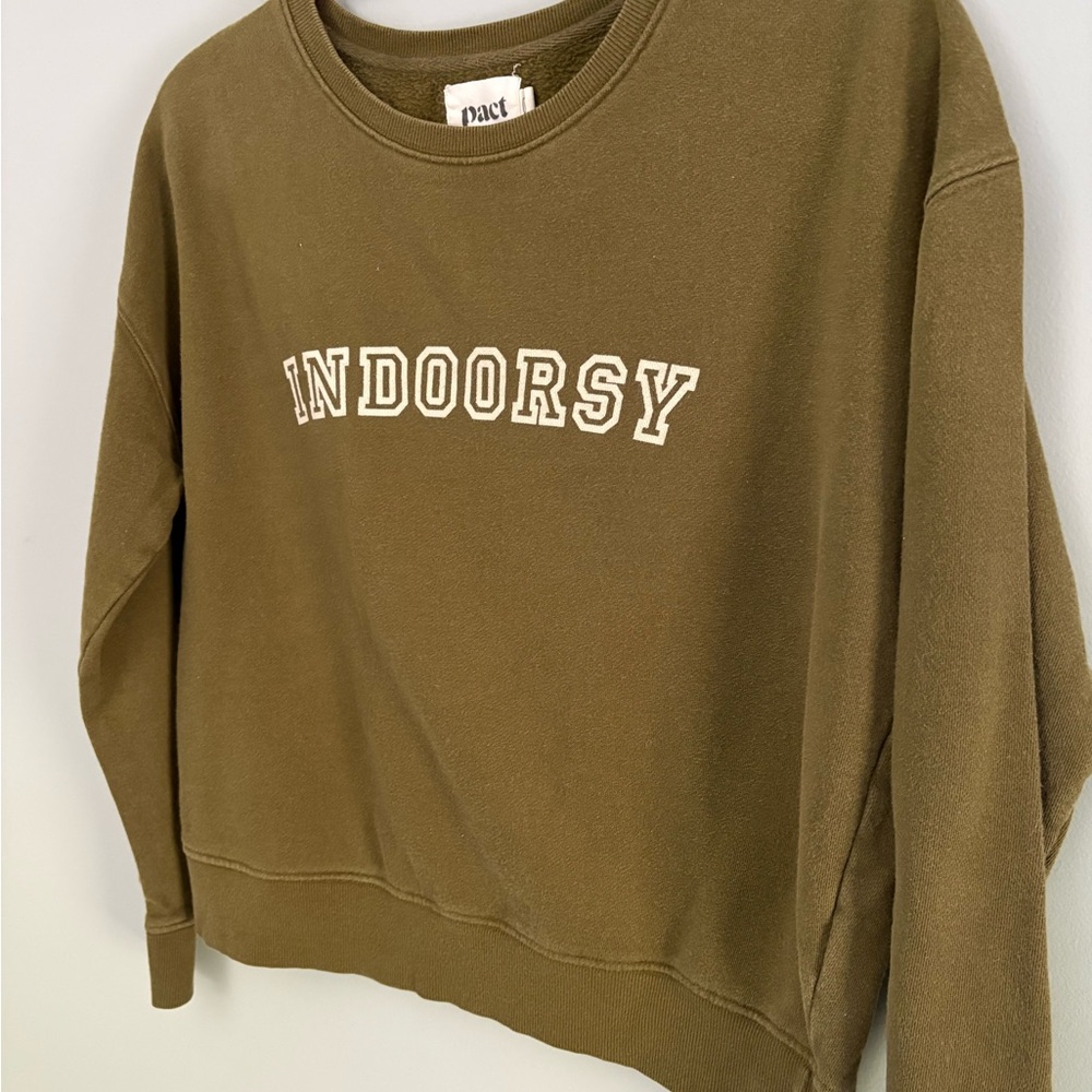 Pact "Indoorsy" Olive Cotton Sweatshirt Size M - Picture 4 of 9